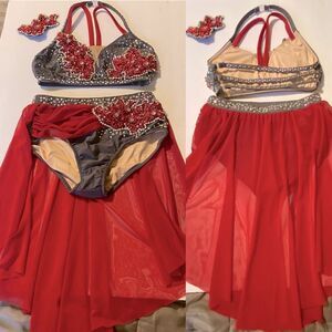 Glamour solo 2 piece dance costume red gray lyrical embellished bling XLC child